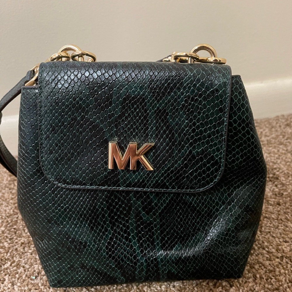 MK snakeskin bag. 2 different straps. Dark green, black, and gold detail.